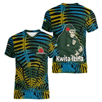 Rwanda Women V-Neck T-Shirt with Gorilla Family Kwita Izina Leaf Jungle Spirit