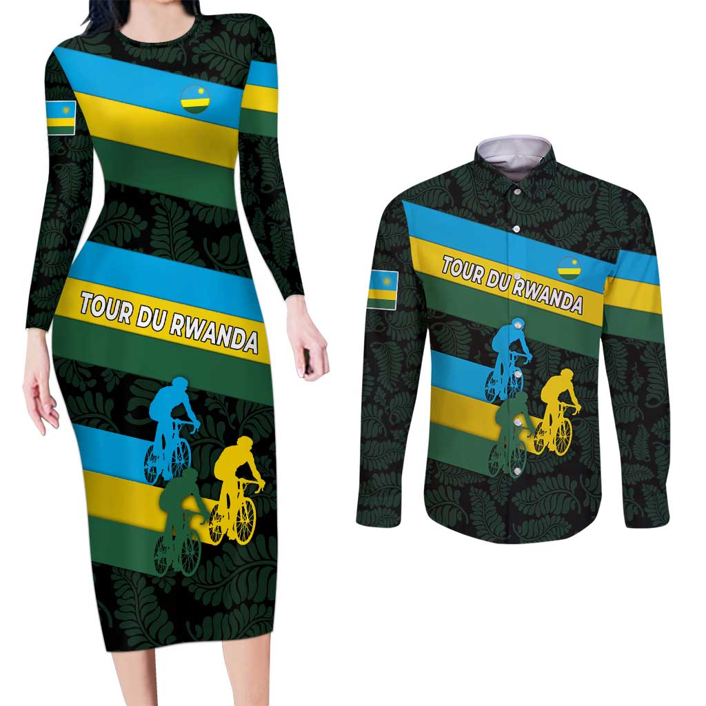 Rwanda Couples Matching Long Sleeve Bodycon Dress and Long Sleeve Button Shirt with Tour du Rwanda Cycling Race Flag Stripe Spirit