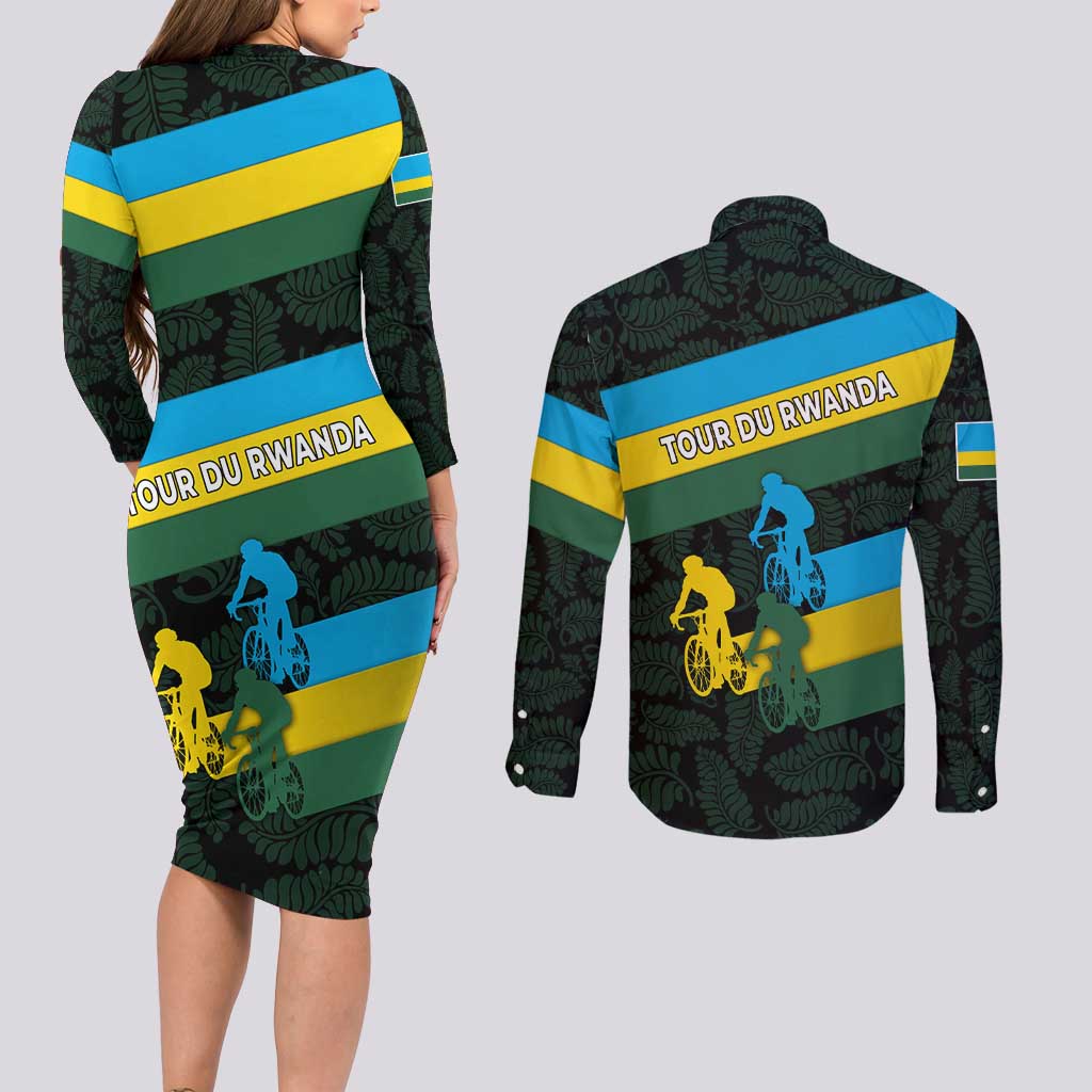 Rwanda Couples Matching Long Sleeve Bodycon Dress and Long Sleeve Button Shirt with Tour du Rwanda Cycling Race Flag Stripe Spirit