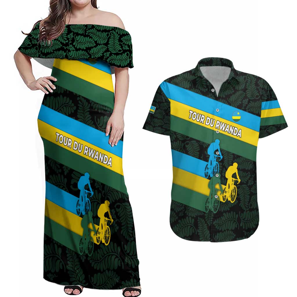 Rwanda Couples Matching Off Shoulder Maxi Dress and Hawaiian Shirt with Tour du Rwanda Cycling Race Flag Stripe Spirit