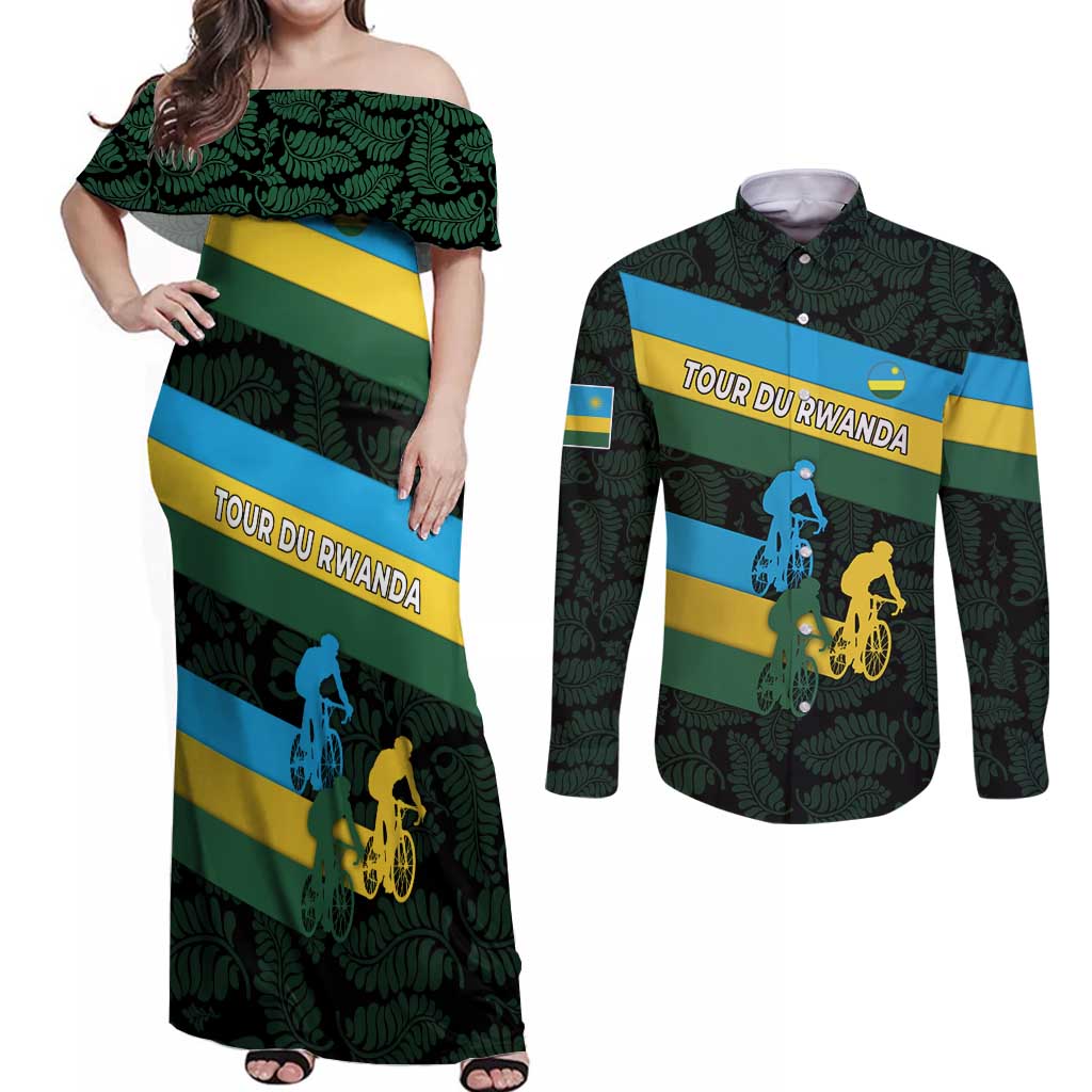 Rwanda Couples Matching Off Shoulder Maxi Dress and Long Sleeve Button Shirt with Tour du Rwanda Cycling Race Flag Stripe Spirit
