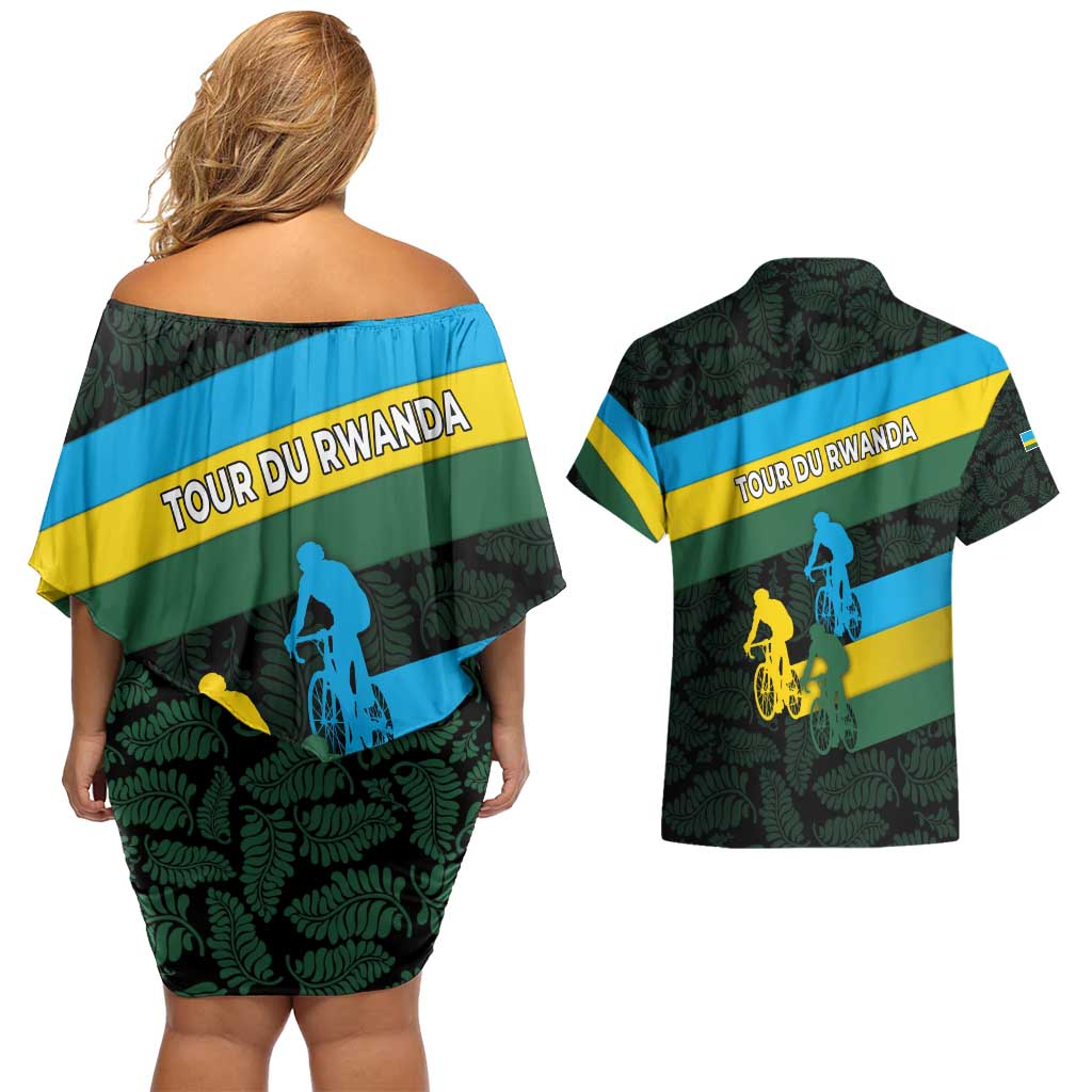 Rwanda Couples Matching Off Shoulder Short Dress and Hawaiian Shirt with Tour du Rwanda Cycling Race Flag Stripe Spirit