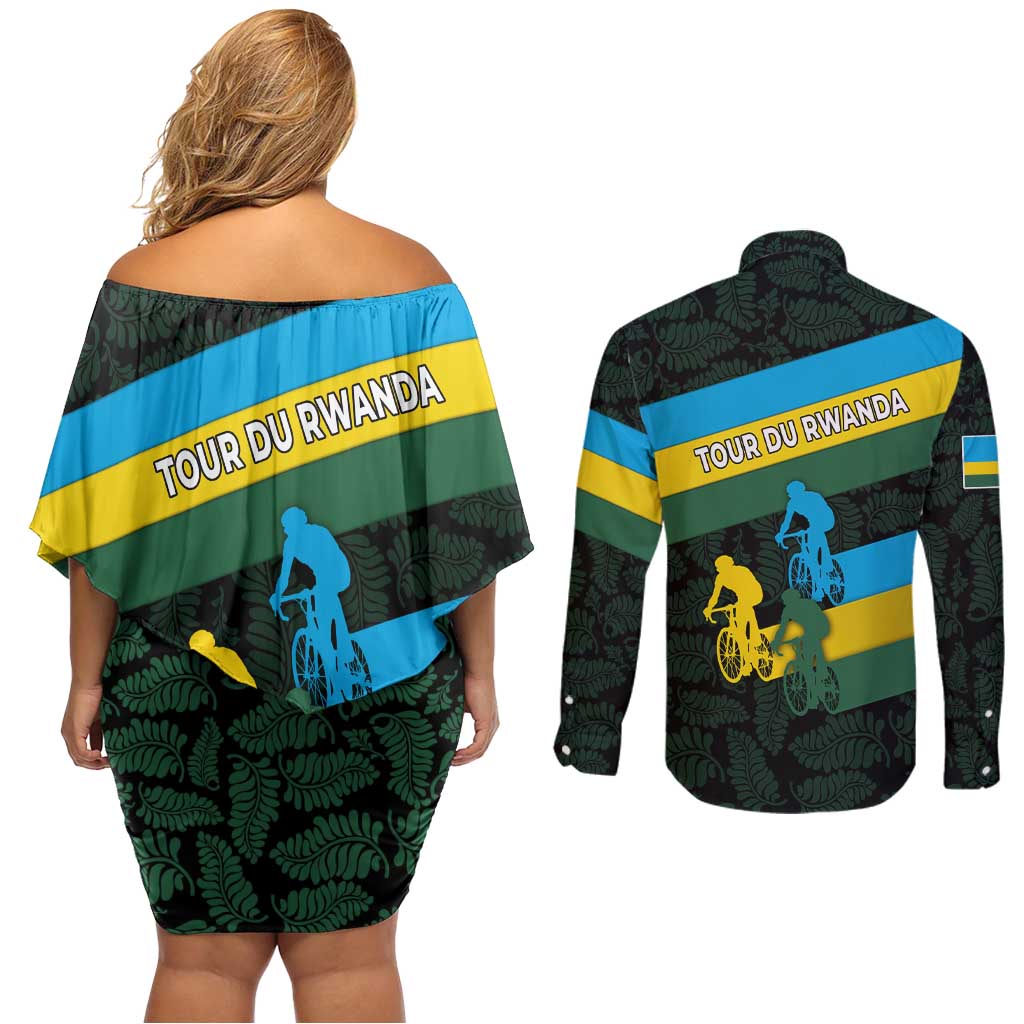 Rwanda Couples Matching Off Shoulder Short Dress and Long Sleeve Button Shirt with Tour du Rwanda Cycling Race Flag Stripe Spirit