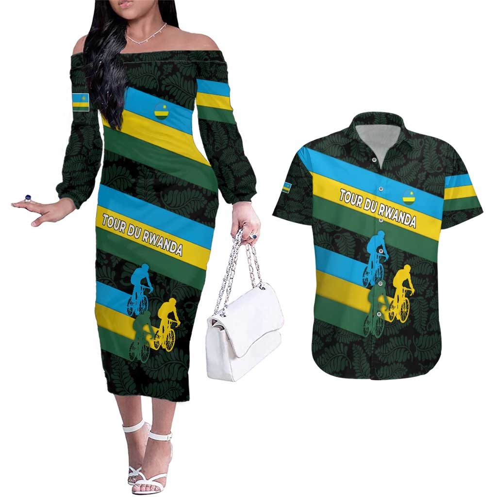 Rwanda Couples Matching Off The Shoulder Long Sleeve Dress and Hawaiian Shirt with Tour du Rwanda Cycling Race Flag Stripe Spirit