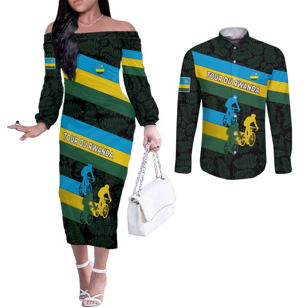 Rwanda Couples Matching Off The Shoulder Long Sleeve Dress and Long Sleeve Button Shirt with Tour du Rwanda Cycling Race Flag Stripe Spirit