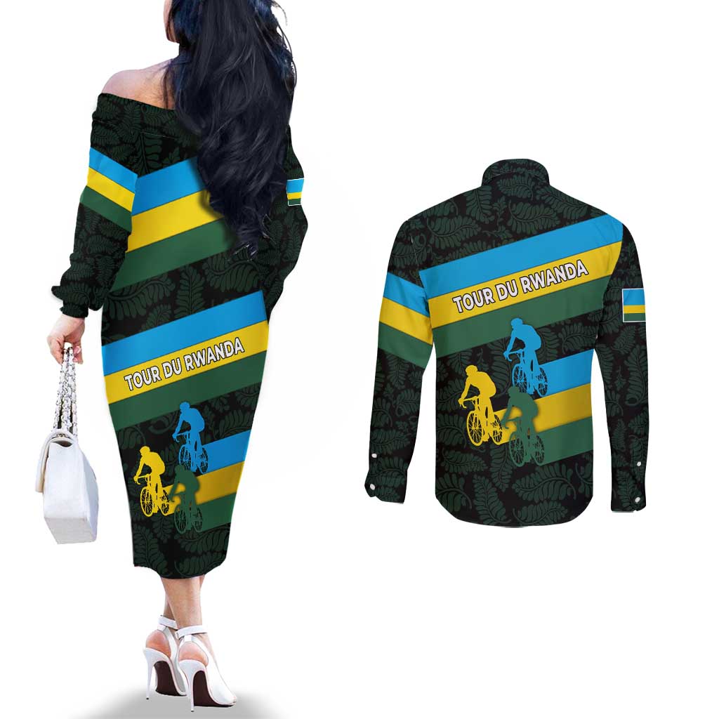 Rwanda Couples Matching Off The Shoulder Long Sleeve Dress and Long Sleeve Button Shirt with Tour du Rwanda Cycling Race Flag Stripe Spirit