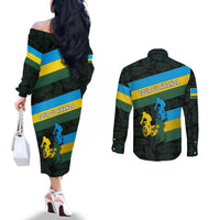 Rwanda Couples Matching Off The Shoulder Long Sleeve Dress and Long Sleeve Button Shirt with Tour du Rwanda Cycling Race Flag Stripe Spirit