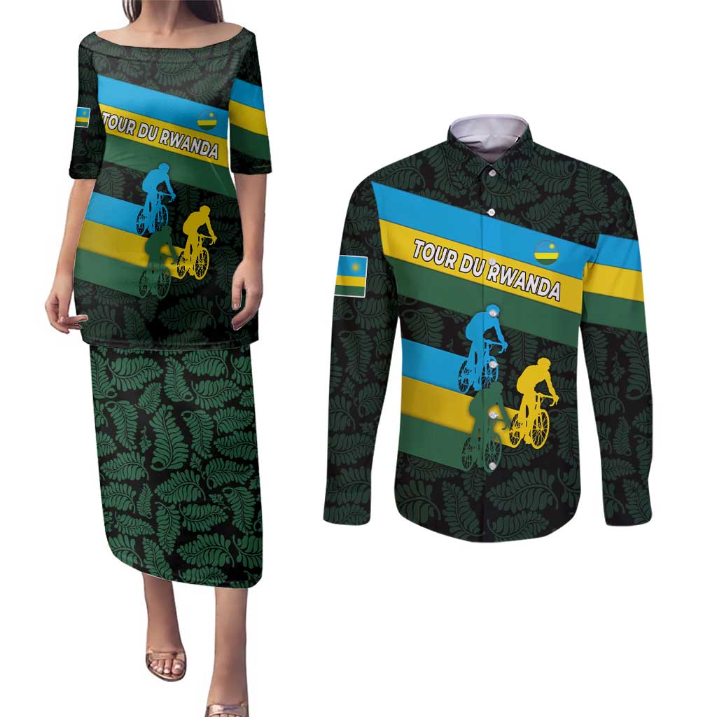 Rwanda Couples Matching Puletasi and Long Sleeve Button Shirt with Tour du Rwanda Cycling Race Flag Stripe Spirit