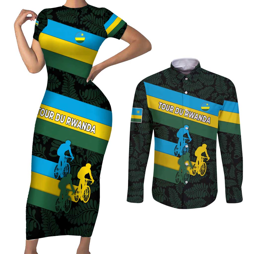 Rwanda Couples Matching Short Sleeve Bodycon Dress and Long Sleeve Button Shirt with Tour du Rwanda Cycling Race Flag Stripe Spirit