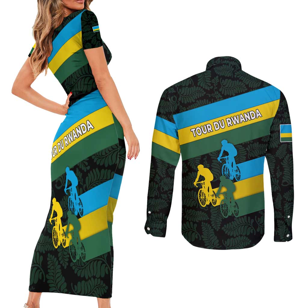 Rwanda Couples Matching Short Sleeve Bodycon Dress and Long Sleeve Button Shirt with Tour du Rwanda Cycling Race Flag Stripe Spirit