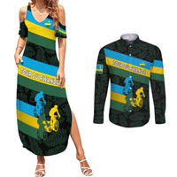 Rwanda Couples Matching Summer Maxi Dress and Long Sleeve Button Shirt with Tour du Rwanda Cycling Race Flag Stripe Spirit