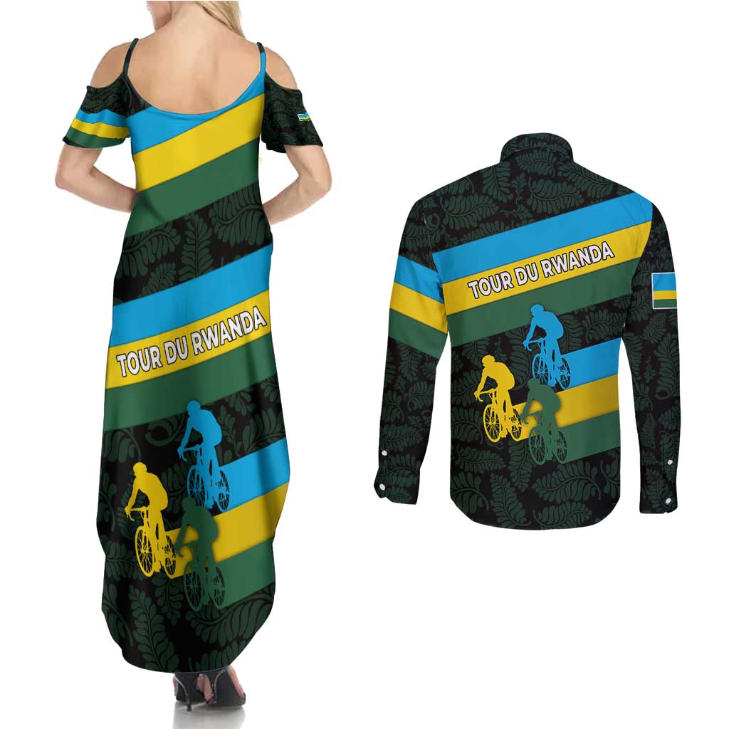 Rwanda Couples Matching Summer Maxi Dress and Long Sleeve Button Shirt with Tour du Rwanda Cycling Race Flag Stripe Spirit