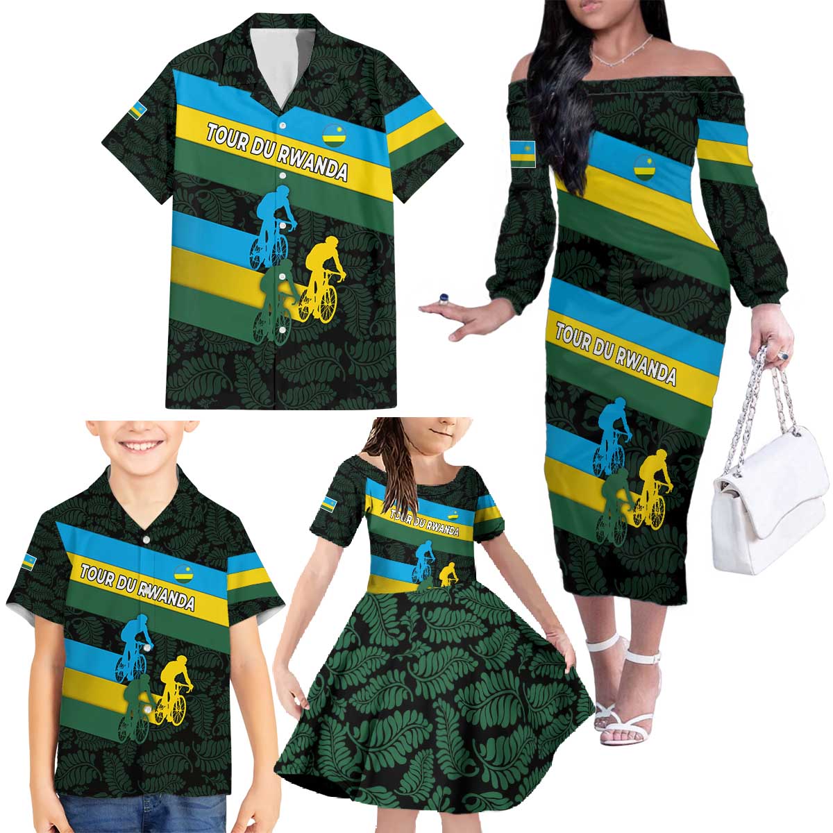 Rwanda Family Matching Off The Shoulder Long Sleeve Dress and Hawaiian Shirt with Tour du Rwanda Cycling Race Flag Stripe Spirit