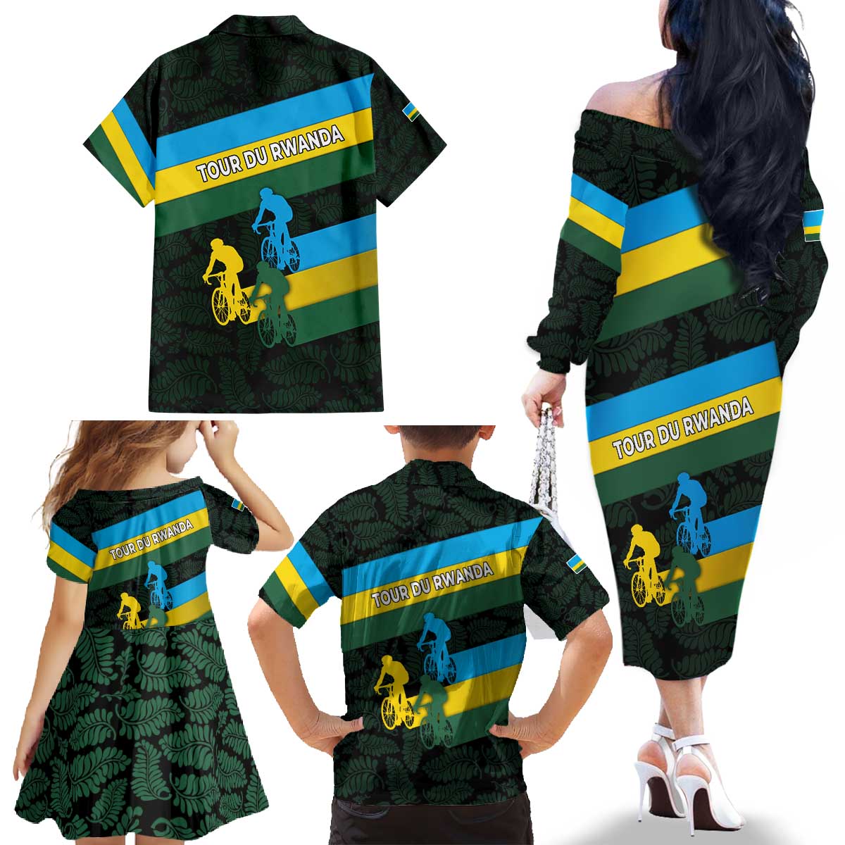 Rwanda Family Matching Off The Shoulder Long Sleeve Dress and Hawaiian Shirt with Tour du Rwanda Cycling Race Flag Stripe Spirit
