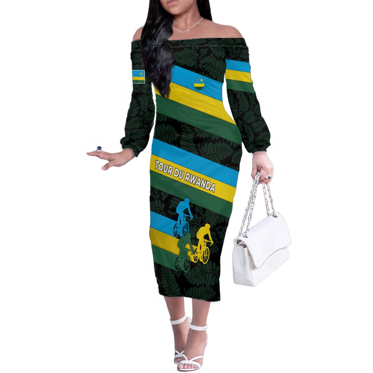 Rwanda Family Matching Off The Shoulder Long Sleeve Dress and Hawaiian Shirt with Tour du Rwanda Cycling Race Flag Stripe Spirit
