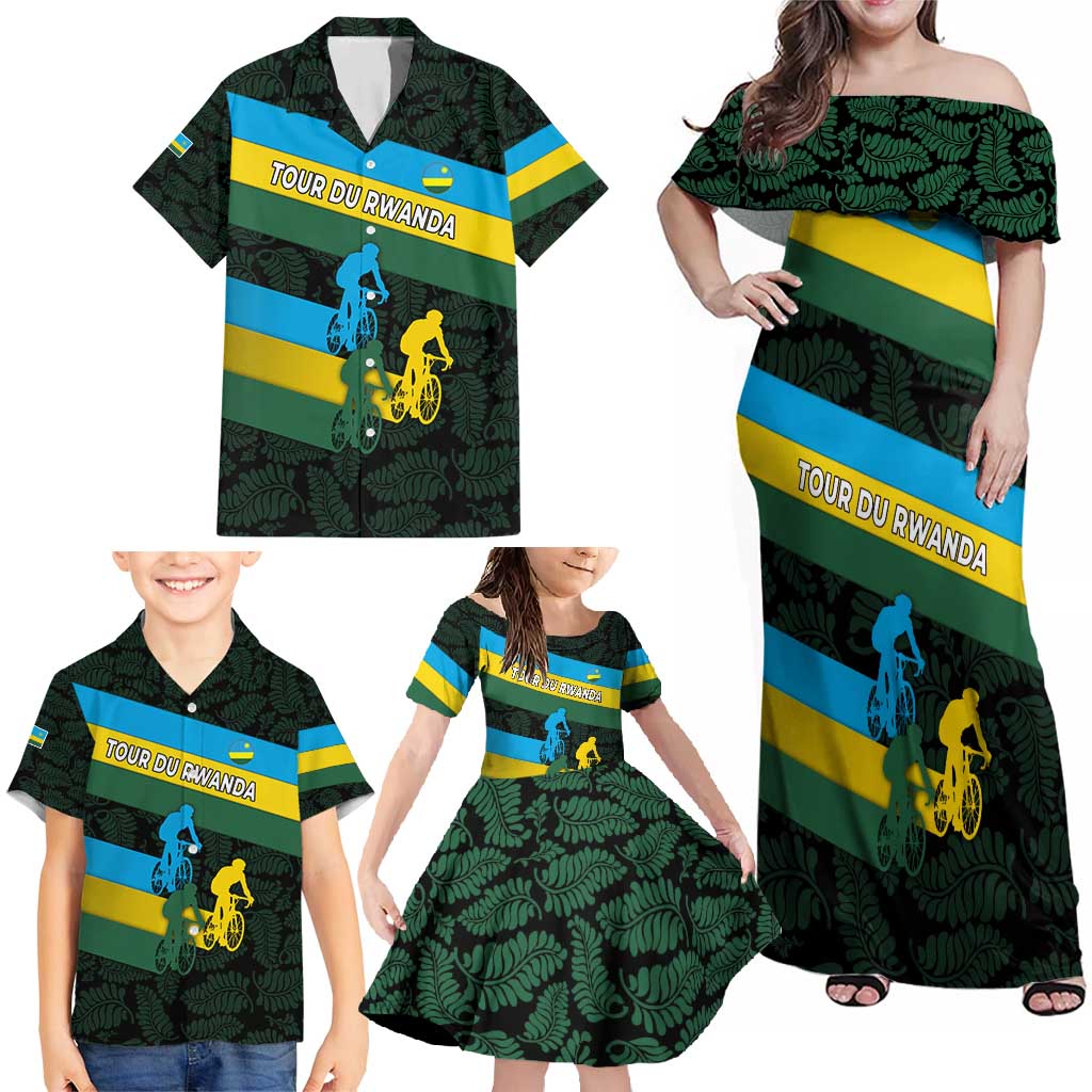 Rwanda Family Matching Off Shoulder Maxi Dress and Hawaiian Shirt with Tour du Rwanda Cycling Race Flag Stripe Spirit
