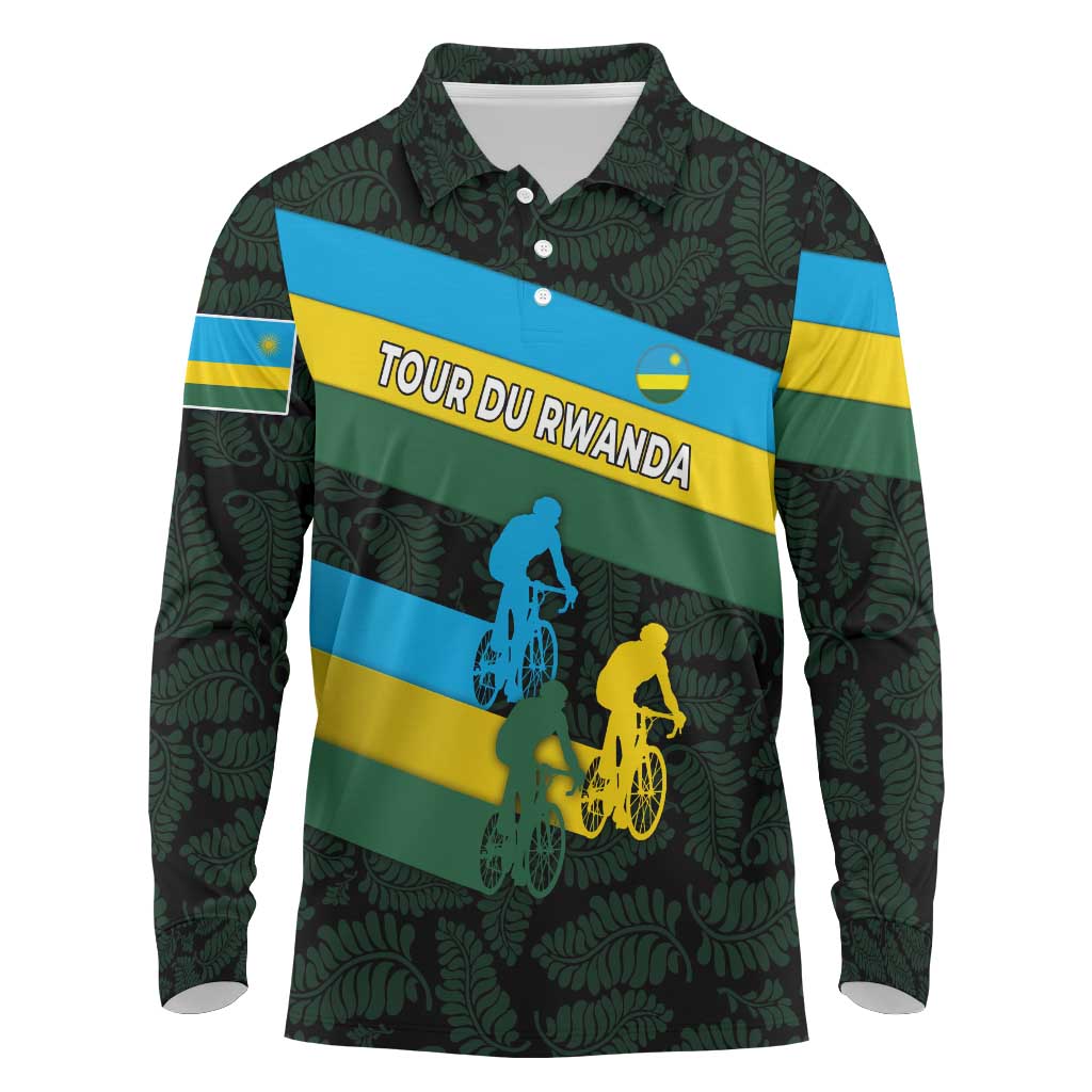 Rwanda Long Sleeve Polo Shirt with Tour du Rwanda Cycling Race Flag Stripe Spirit