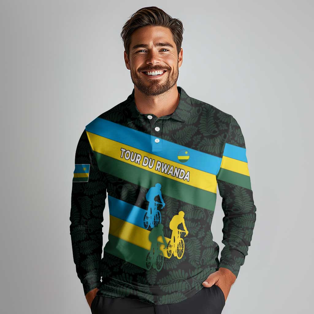 Rwanda Long Sleeve Polo Shirt with Tour du Rwanda Cycling Race Flag Stripe Spirit