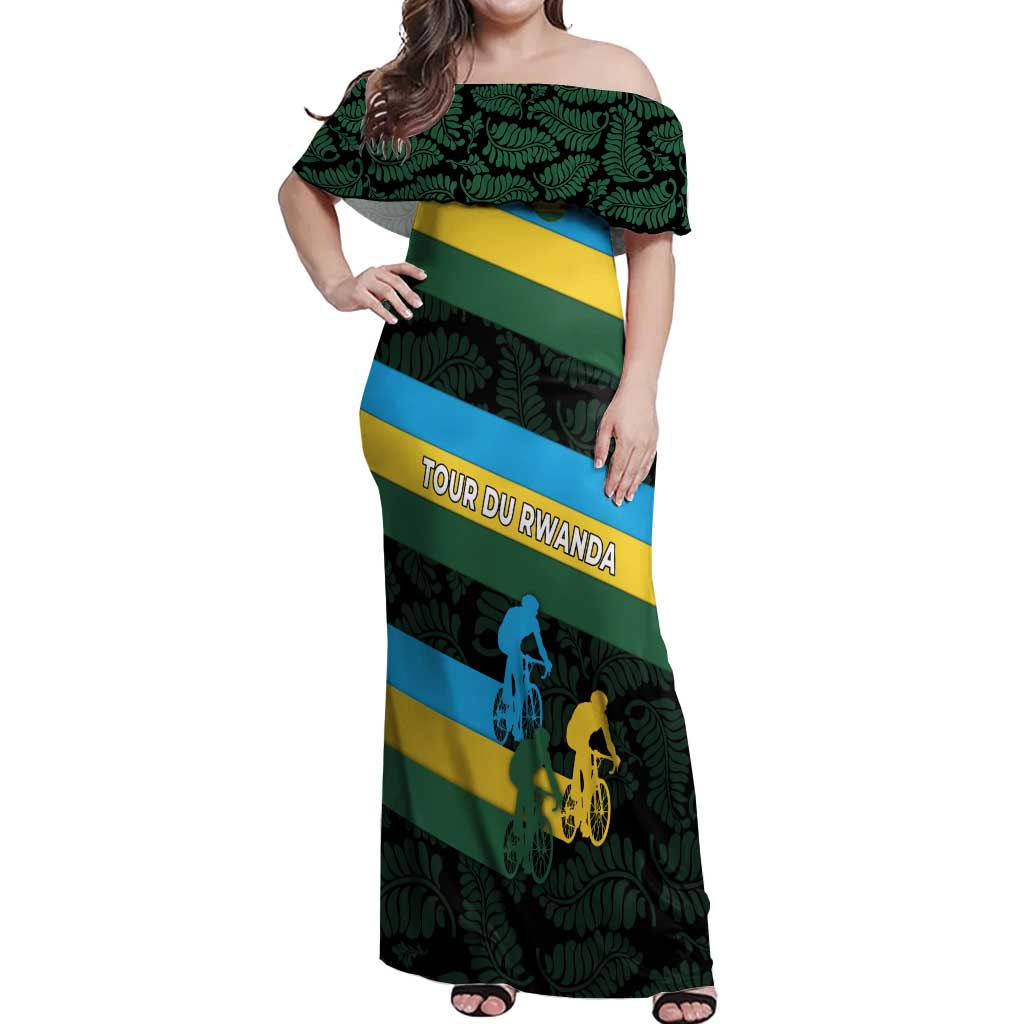 Rwanda Off Shoulder Maxi Dress with Tour du Rwanda Cycling Race Flag Stripe Spirit