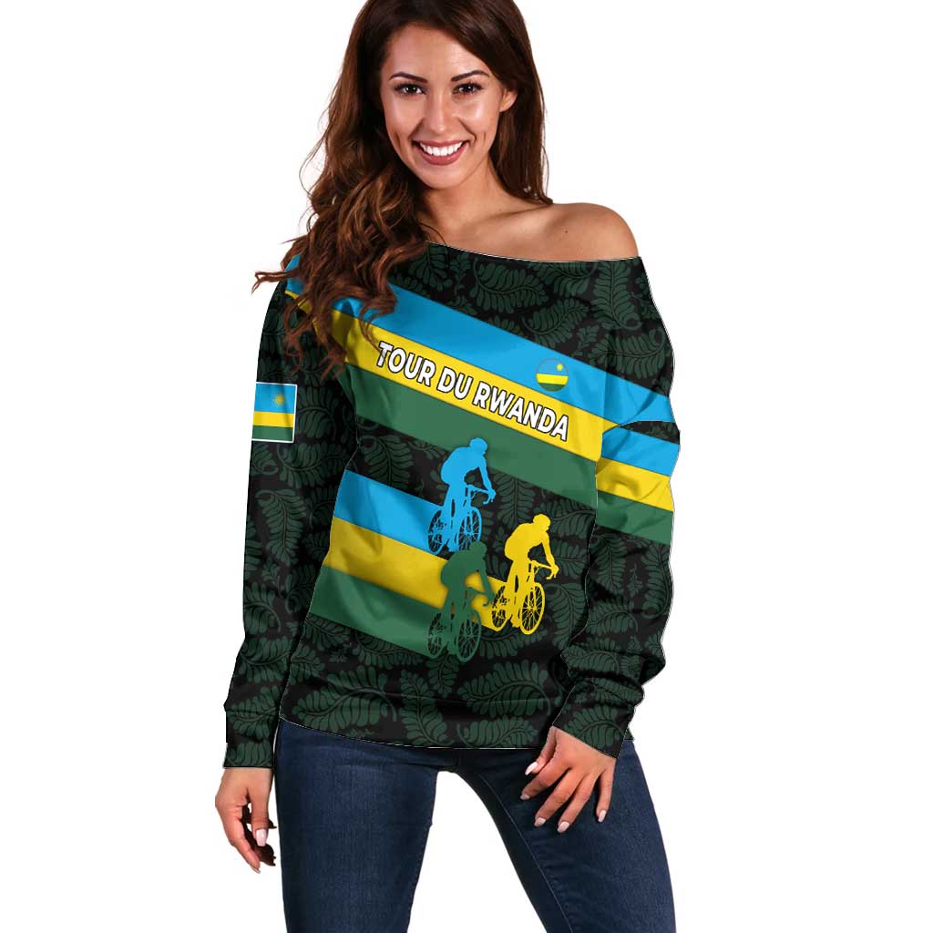 Rwanda Off Shoulder Sweater with Tour du Rwanda Cycling Race Flag Stripe Spirit