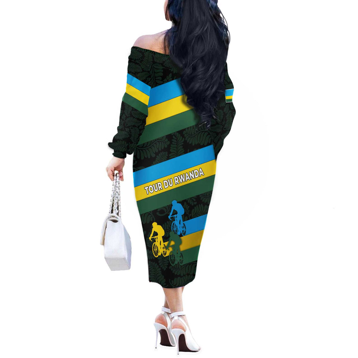 Rwanda Off The Shoulder Long Sleeve Dress with Tour du Rwanda Cycling Race Flag Stripe Spirit