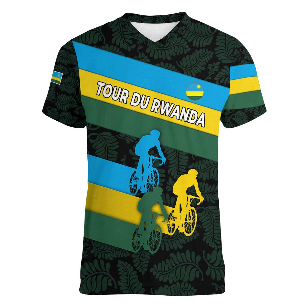 Rwanda Women V-Neck T-Shirt with Tour du Rwanda Cycling Race Flag Stripe Spirit
