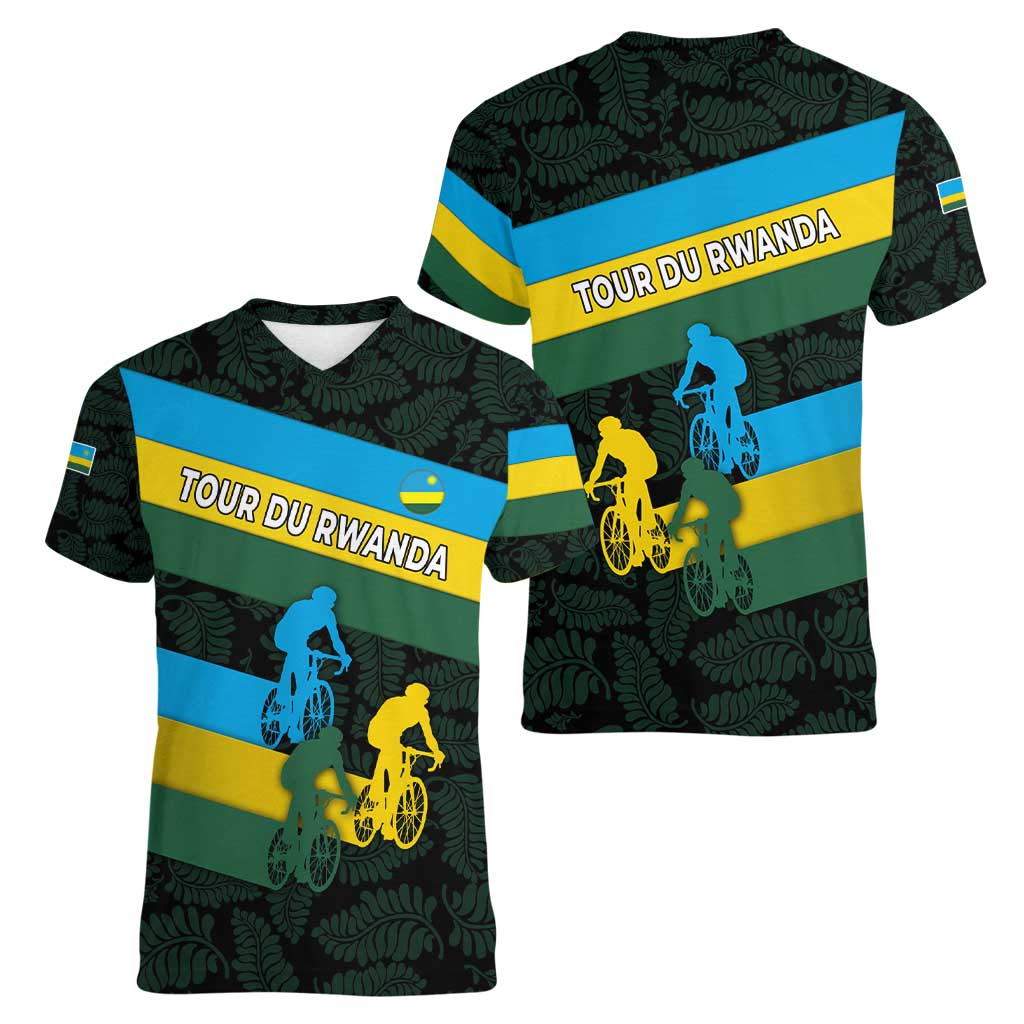 Rwanda Women V-Neck T-Shirt with Tour du Rwanda Cycling Race Flag Stripe Spirit