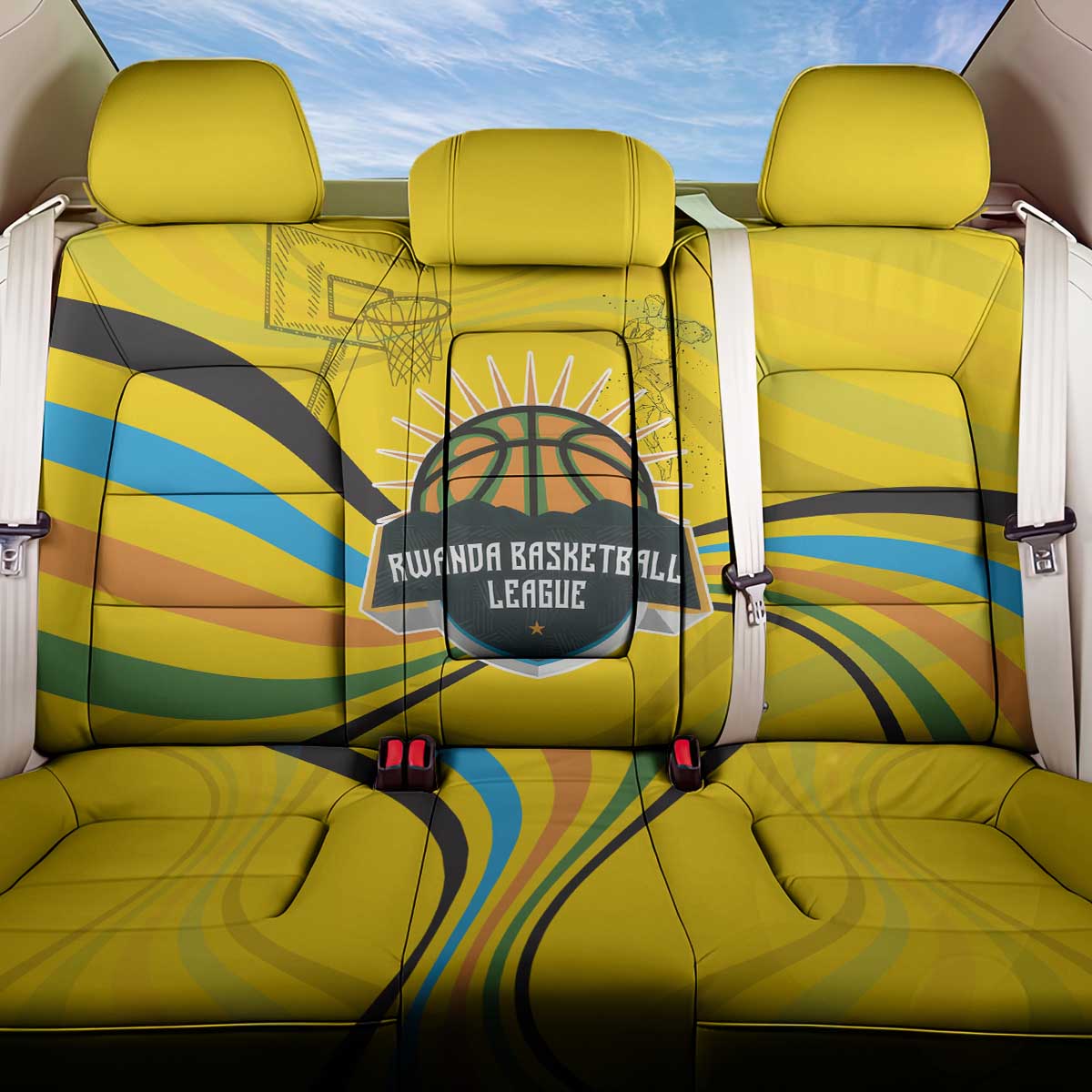 Rwanda Back Car Seat Cover with Basketball League Court Hoop Yellow Wave Spirit