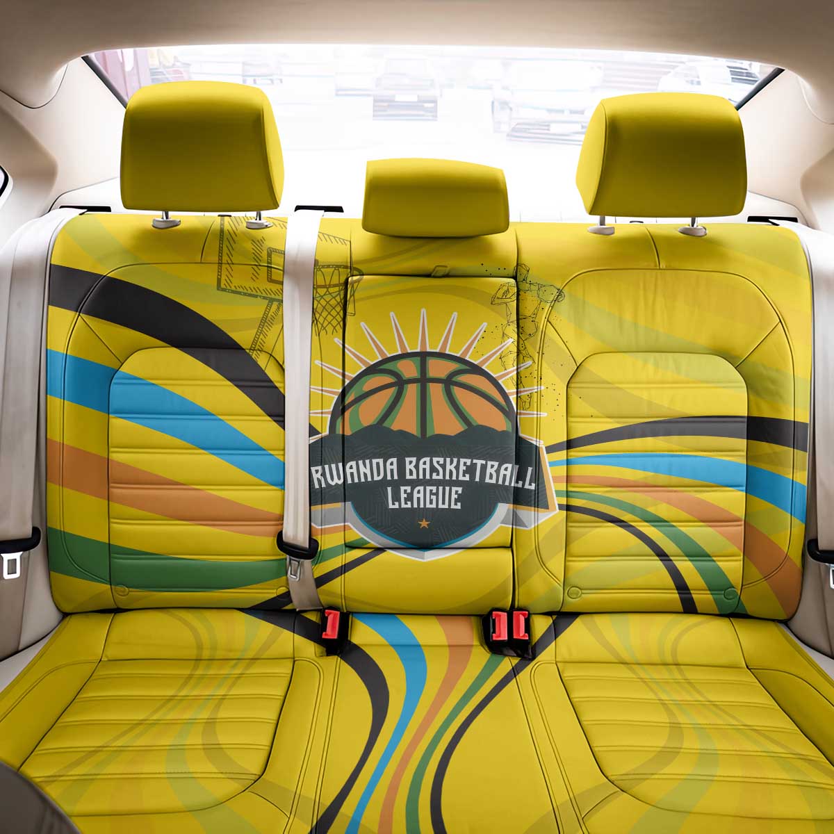 Rwanda Back Car Seat Cover with Basketball League Court Hoop Yellow Wave Spirit