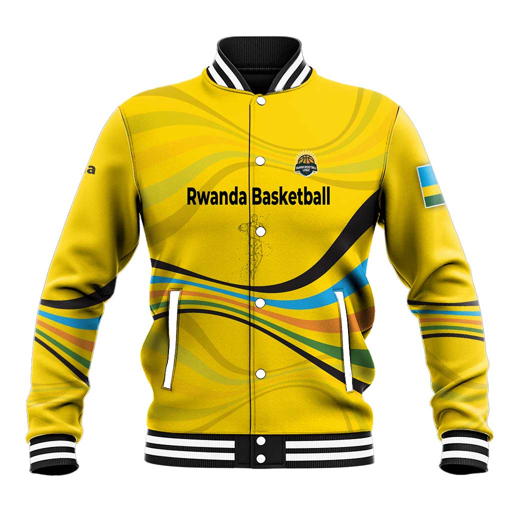 Rwanda Baseball Jacket with Basketball League Court Hoop Yellow Wave Spirit