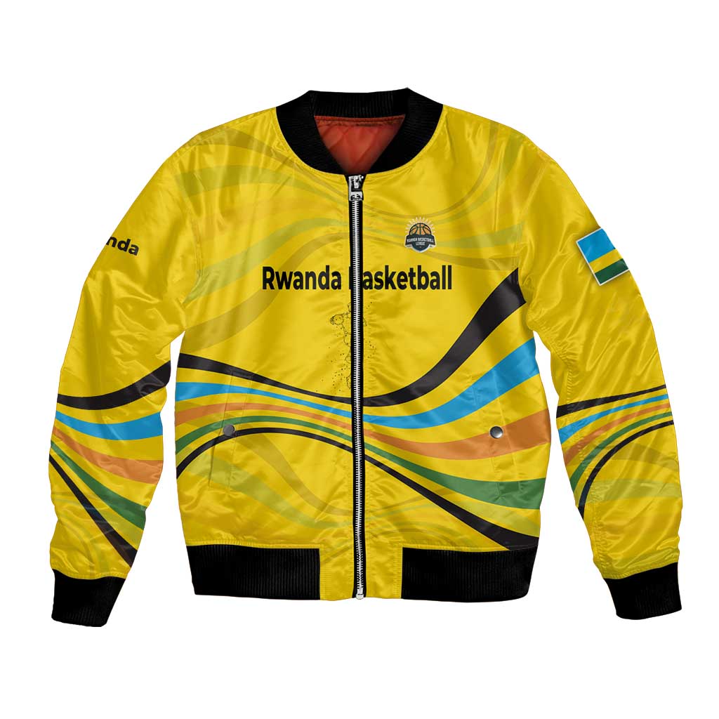 Rwanda Bomber Jacket with Basketball League Court Hoop Yellow Wave Spirit