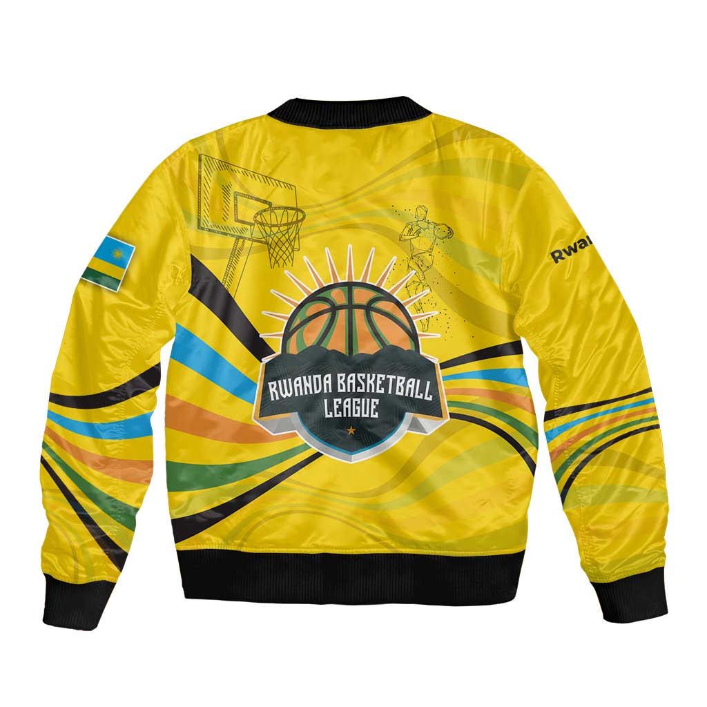 Rwanda Bomber Jacket with Basketball League Court Hoop Yellow Wave Spirit