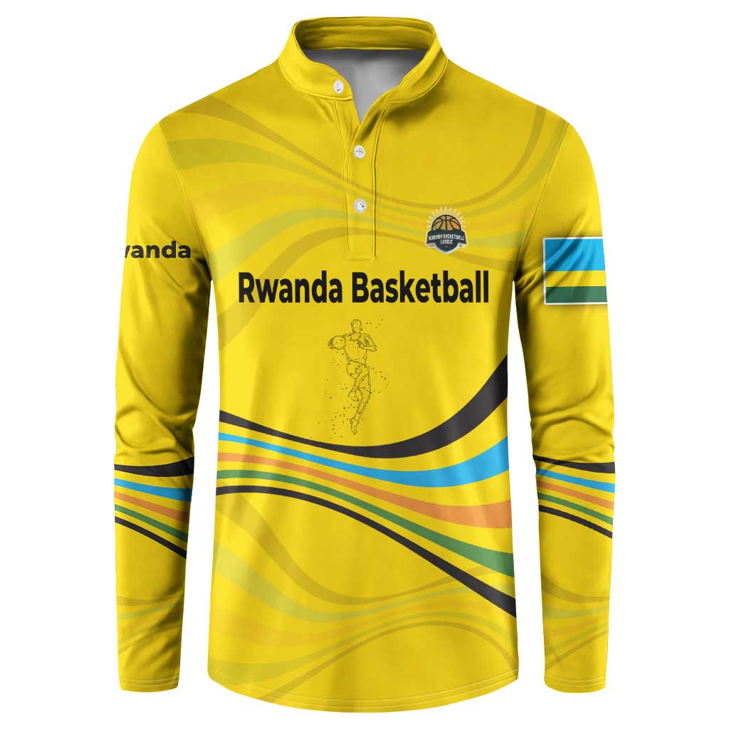 Rwanda Button Sweatshirt with Basketball League Court Hoop Yellow Wave Spirit