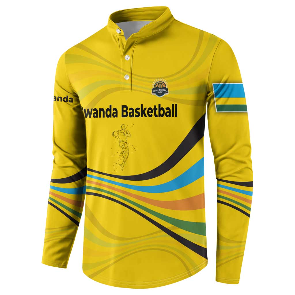 Rwanda Button Sweatshirt with Basketball League Court Hoop Yellow Wave Spirit