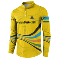 Rwanda Button Sweatshirt with Basketball League Court Hoop Yellow Wave Spirit