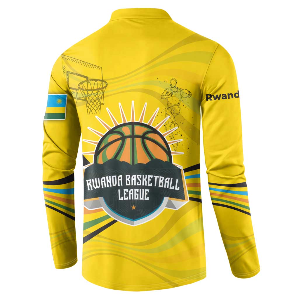 Rwanda Button Sweatshirt with Basketball League Court Hoop Yellow Wave Spirit