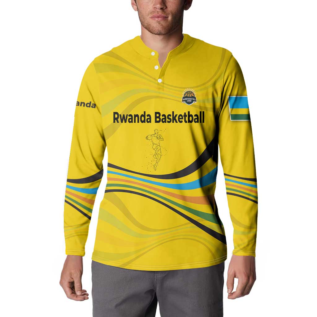 Rwanda Button Sweatshirt with Basketball League Court Hoop Yellow Wave Spirit