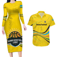 Rwanda Couples Matching Long Sleeve Bodycon Dress and Hawaiian Shirt with Basketball League Court Hoop Yellow Wave Spirit