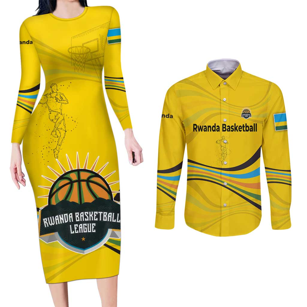 Rwanda Couples Matching Long Sleeve Bodycon Dress and Long Sleeve Button Shirt with Basketball League Court Hoop Yellow Wave Spirit