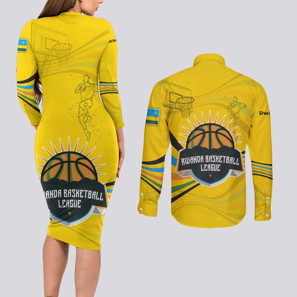 Rwanda Couples Matching Long Sleeve Bodycon Dress and Long Sleeve Button Shirt with Basketball League Court Hoop Yellow Wave Spirit