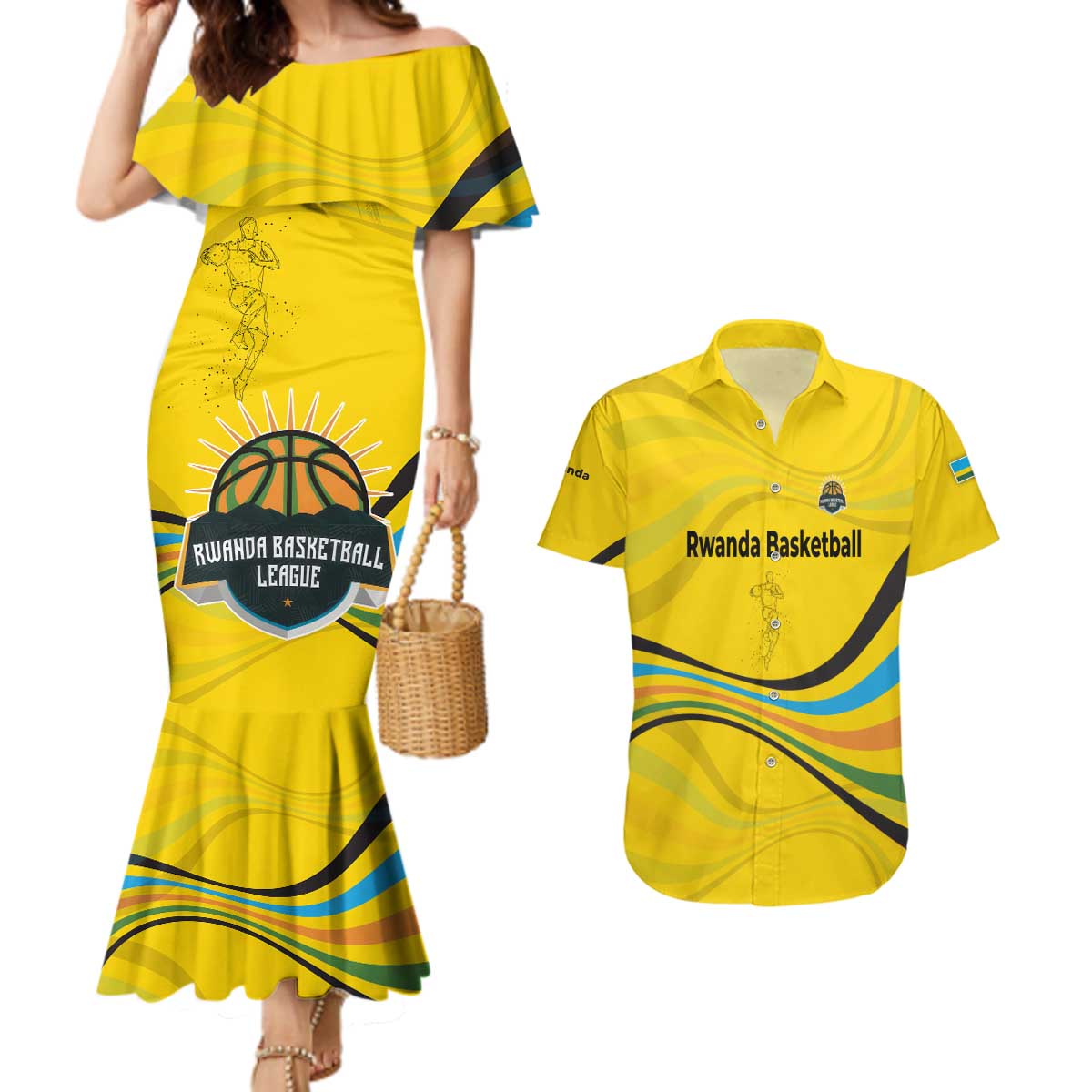 Rwanda Couples Matching Mermaid Dress and Hawaiian Shirt with Basketball League Court Hoop Yellow Wave Spirit