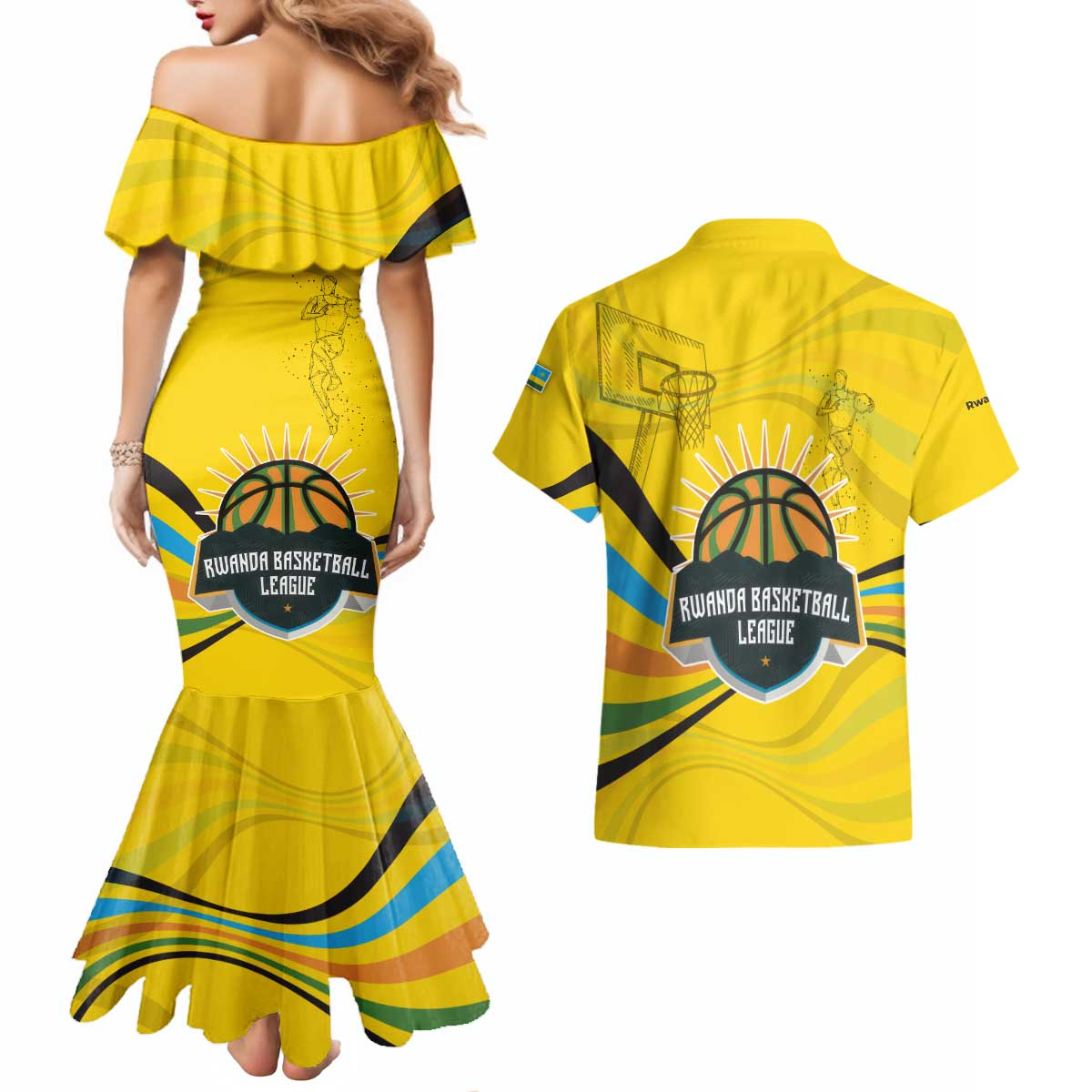 Rwanda Couples Matching Mermaid Dress and Hawaiian Shirt with Basketball League Court Hoop Yellow Wave Spirit