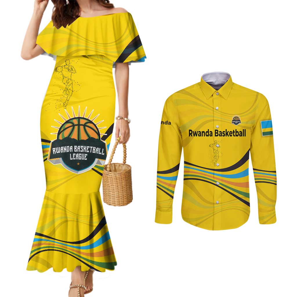 Rwanda Couples Matching Mermaid Dress and Long Sleeve Button Shirt with Basketball League Court Hoop Yellow Wave Spirit