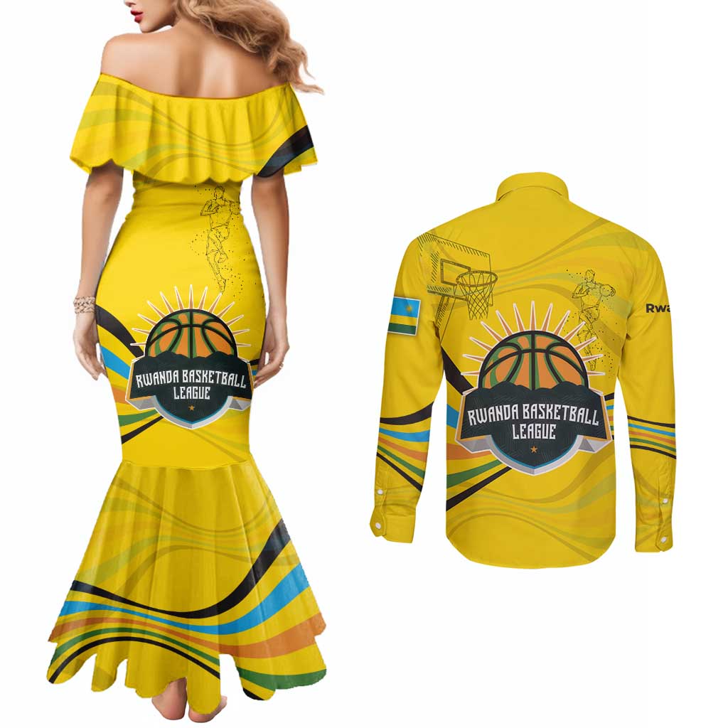 Rwanda Couples Matching Mermaid Dress and Long Sleeve Button Shirt with Basketball League Court Hoop Yellow Wave Spirit