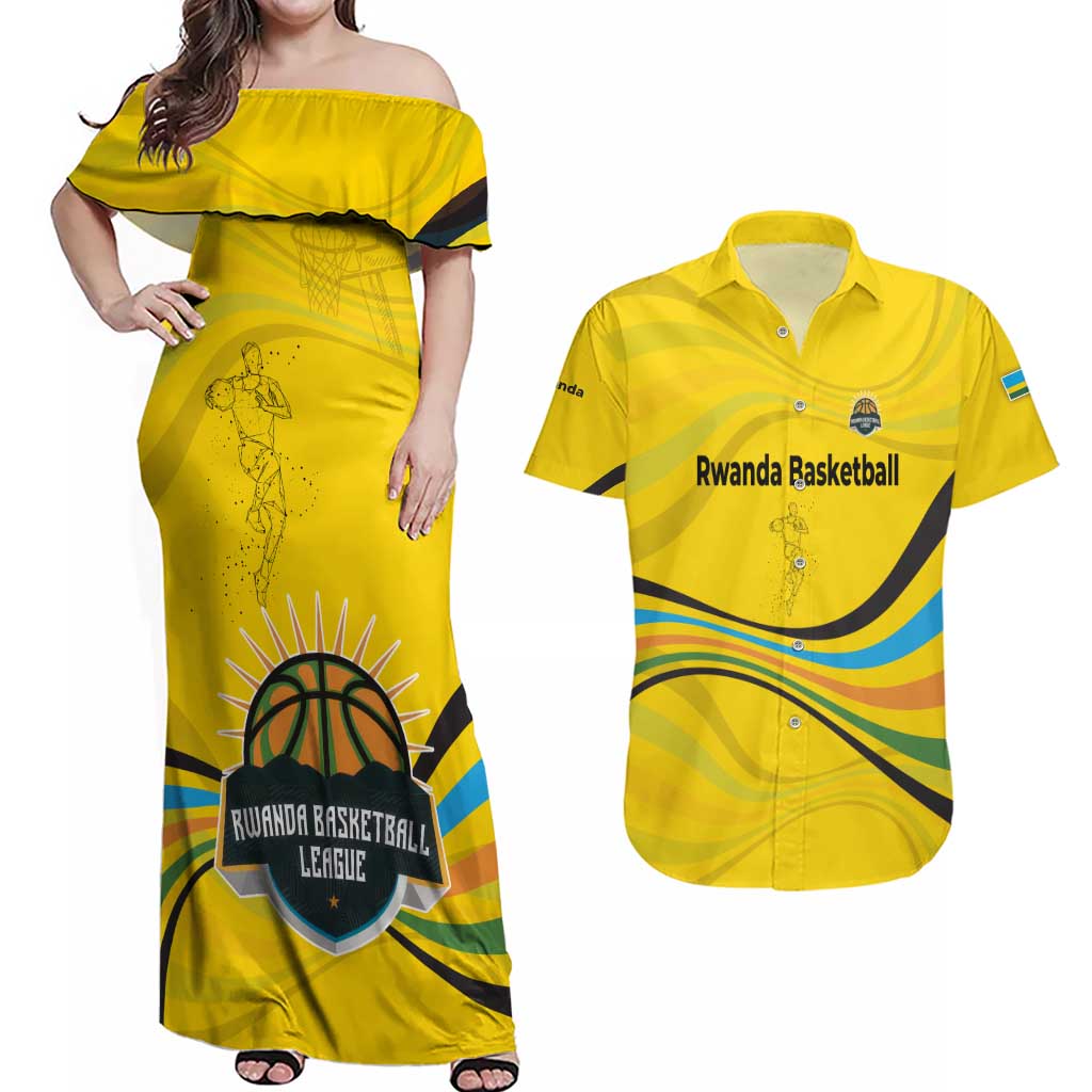 Rwanda Couples Matching Off Shoulder Maxi Dress and Hawaiian Shirt with Basketball League Court Hoop Yellow Wave Spirit