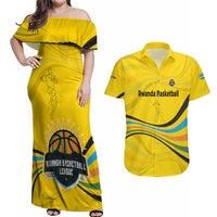 Rwanda Couples Matching Off Shoulder Maxi Dress and Hawaiian Shirt with Basketball League Court Hoop Yellow Wave Spirit