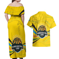 Rwanda Couples Matching Off Shoulder Maxi Dress and Hawaiian Shirt with Basketball League Court Hoop Yellow Wave Spirit