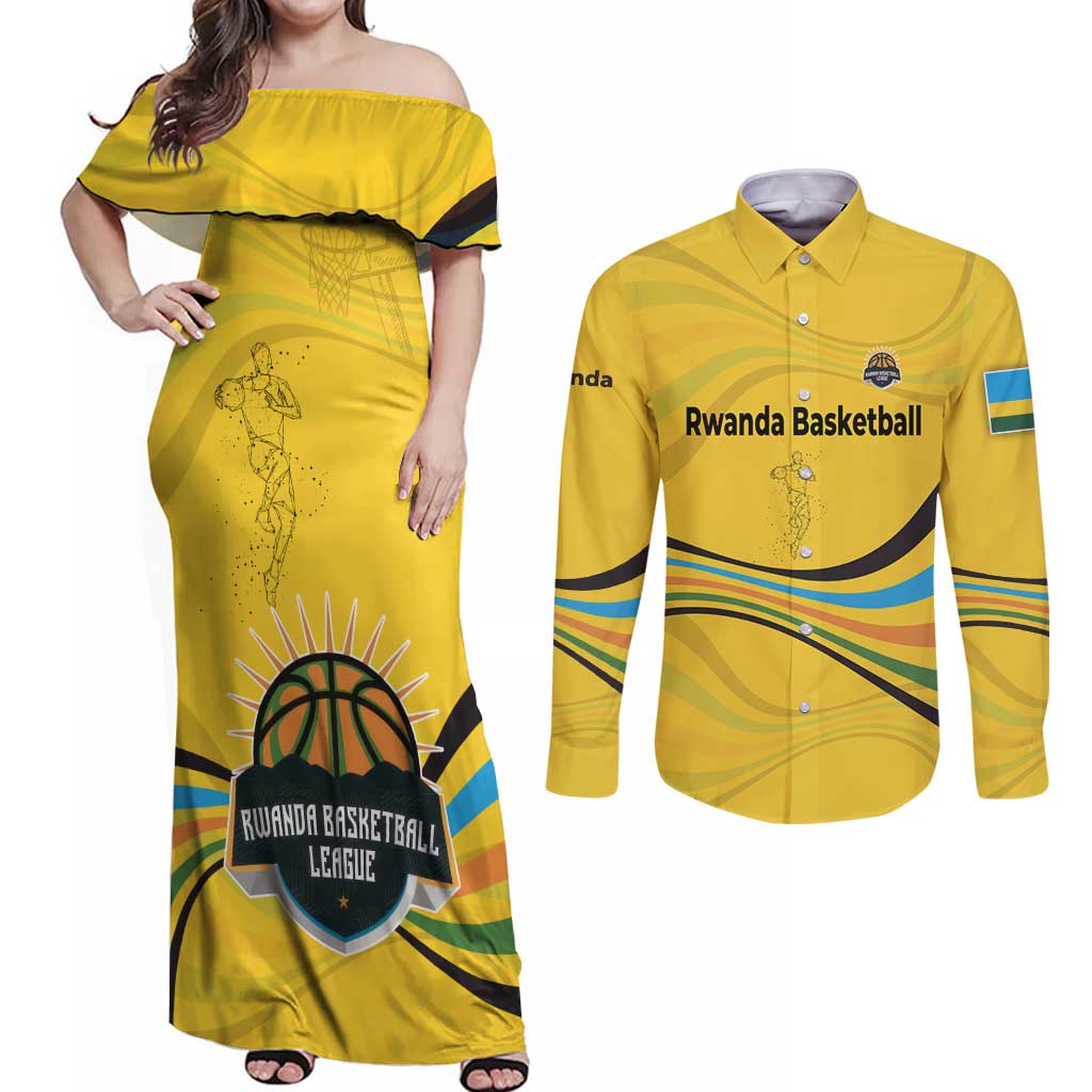 Rwanda Couples Matching Off Shoulder Maxi Dress and Long Sleeve Button Shirt with Basketball League Court Hoop Yellow Wave Spirit