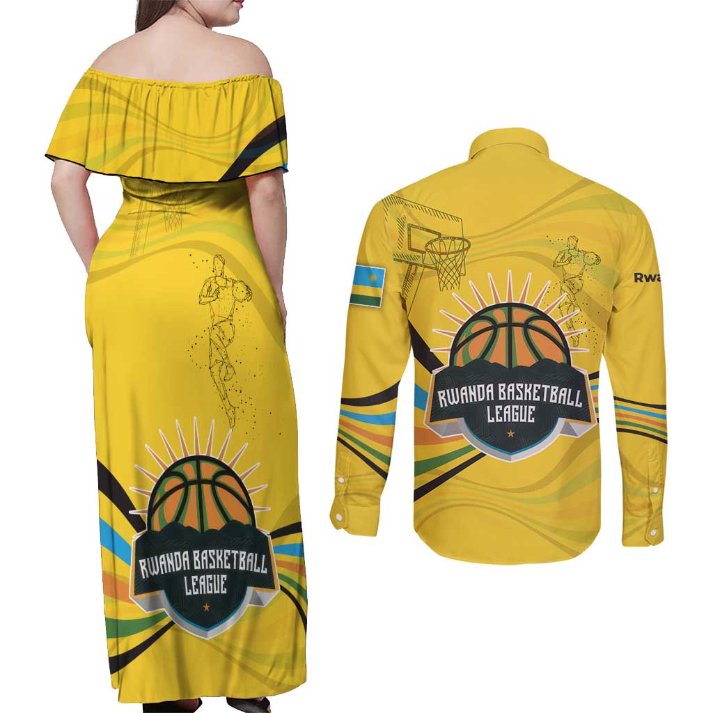 Rwanda Couples Matching Off Shoulder Maxi Dress and Long Sleeve Button Shirt with Basketball League Court Hoop Yellow Wave Spirit