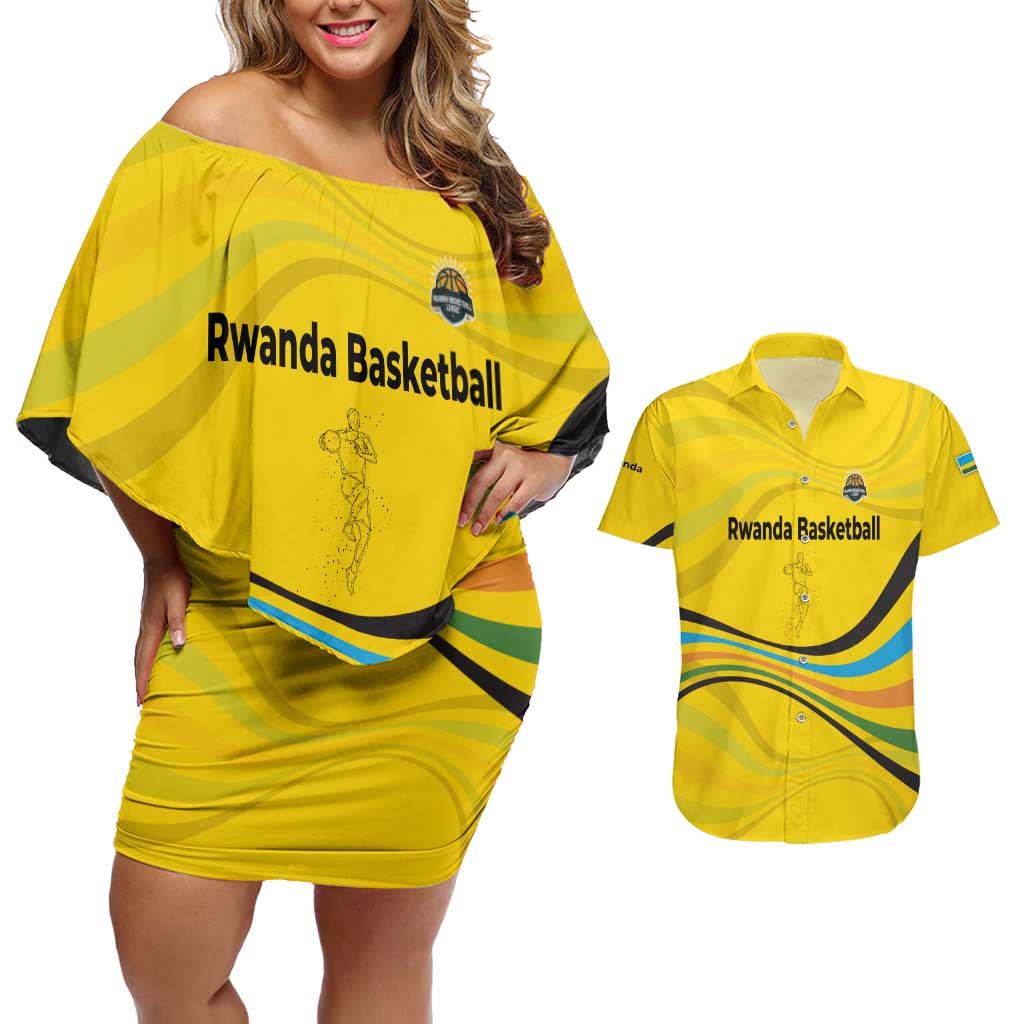 Rwanda Couples Matching Off Shoulder Short Dress and Hawaiian Shirt with Basketball League Court Hoop Yellow Wave Spirit